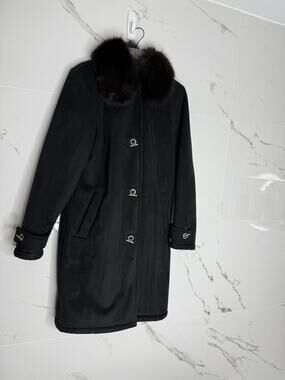 Dana Buchman Genuine Fur Trim Black Coat Faux Suede Classic Penny Lane Women's S